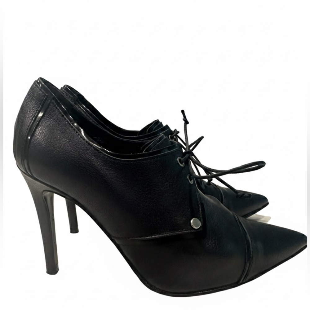 Napoleoni Italy Black Leather Pointed-Toe Lace-Up Stiletto Pumps